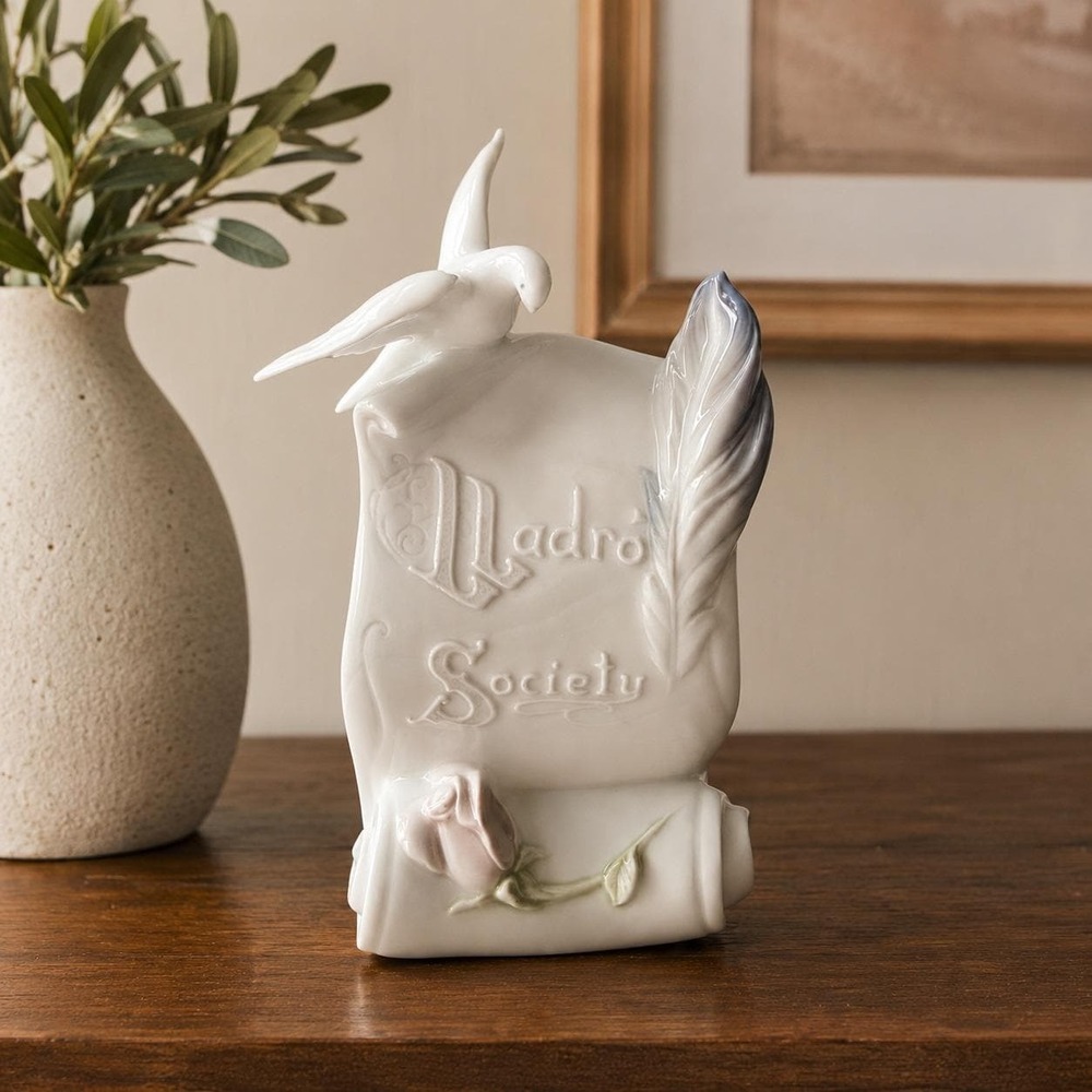 Lladró Society Scroll Figurine Dove Quill Rose 1990s Member Gift Hand Made Spain